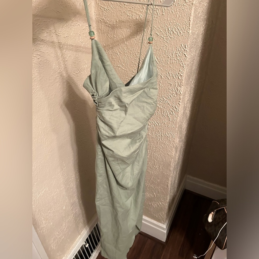 Zara Ruched Linen Blend Midi Dress Sea Green Size XS - Picture 11 of 11